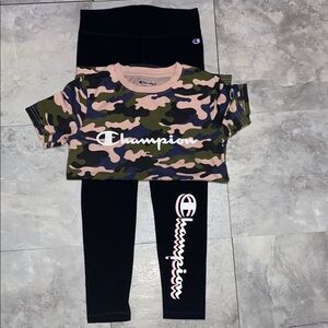 Champion Camouflage Tee and Black Leggings Set big girl size M 8y pink